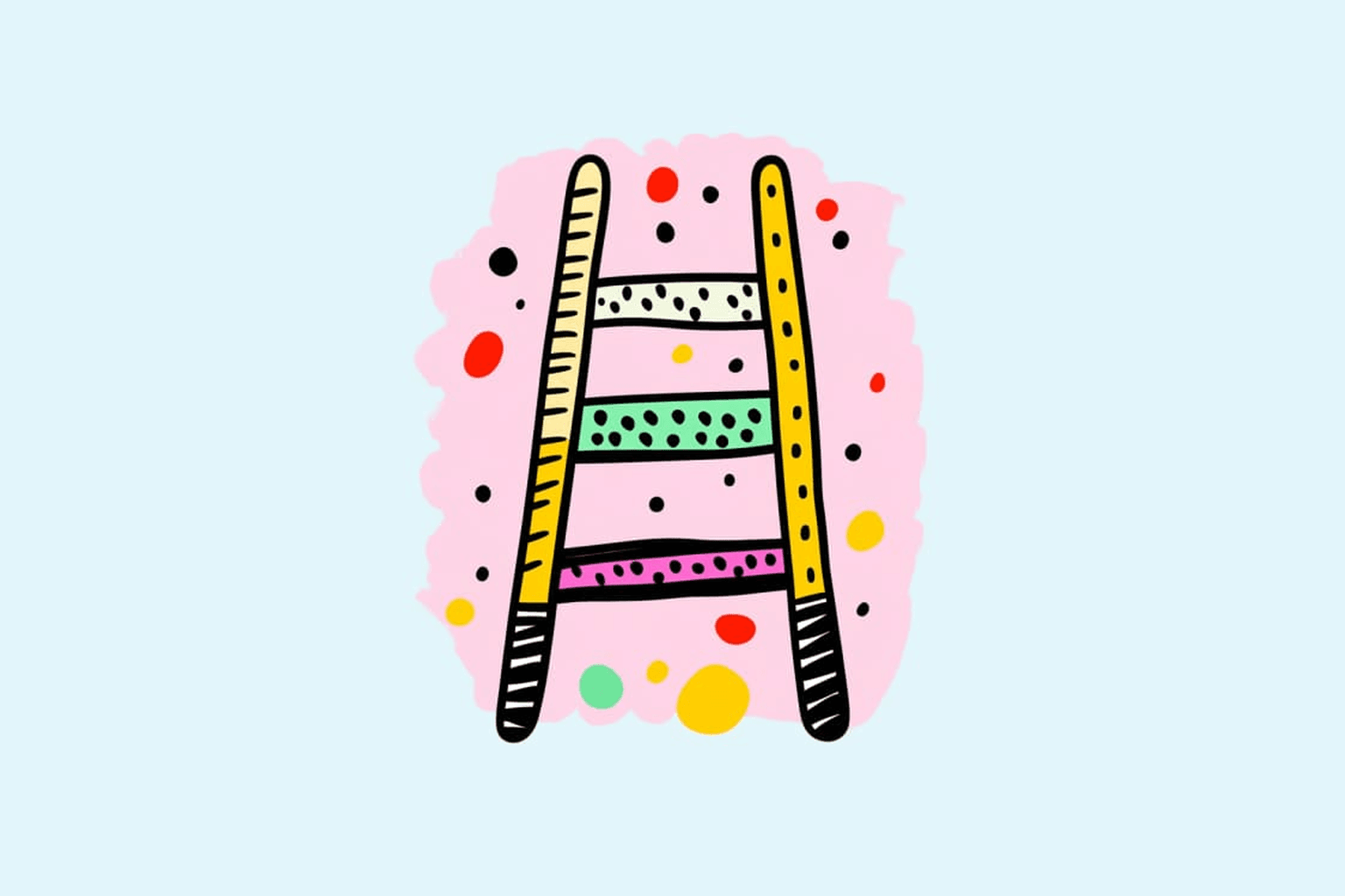 Hand-drawn yellow ladder with green, pink and cream rungs on a pink and pale blue background, the illustration for Offload's Build an Exposure Ladder tool