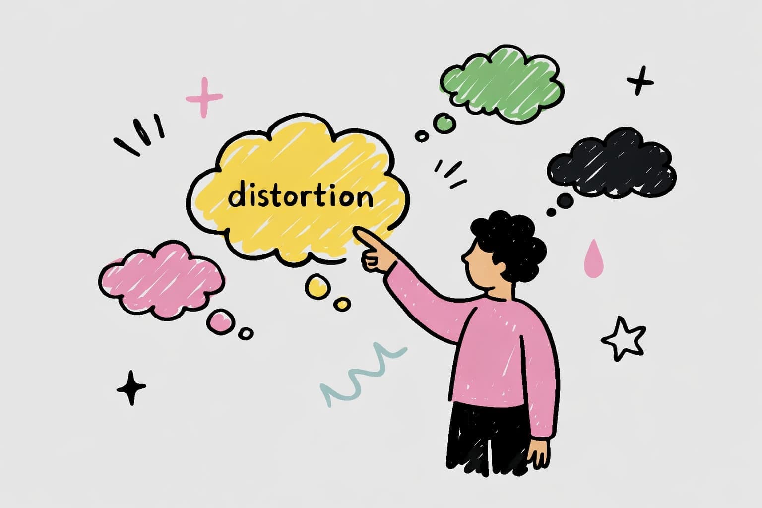 Illustration of a therapist pointing out cognitive distortions to their clients