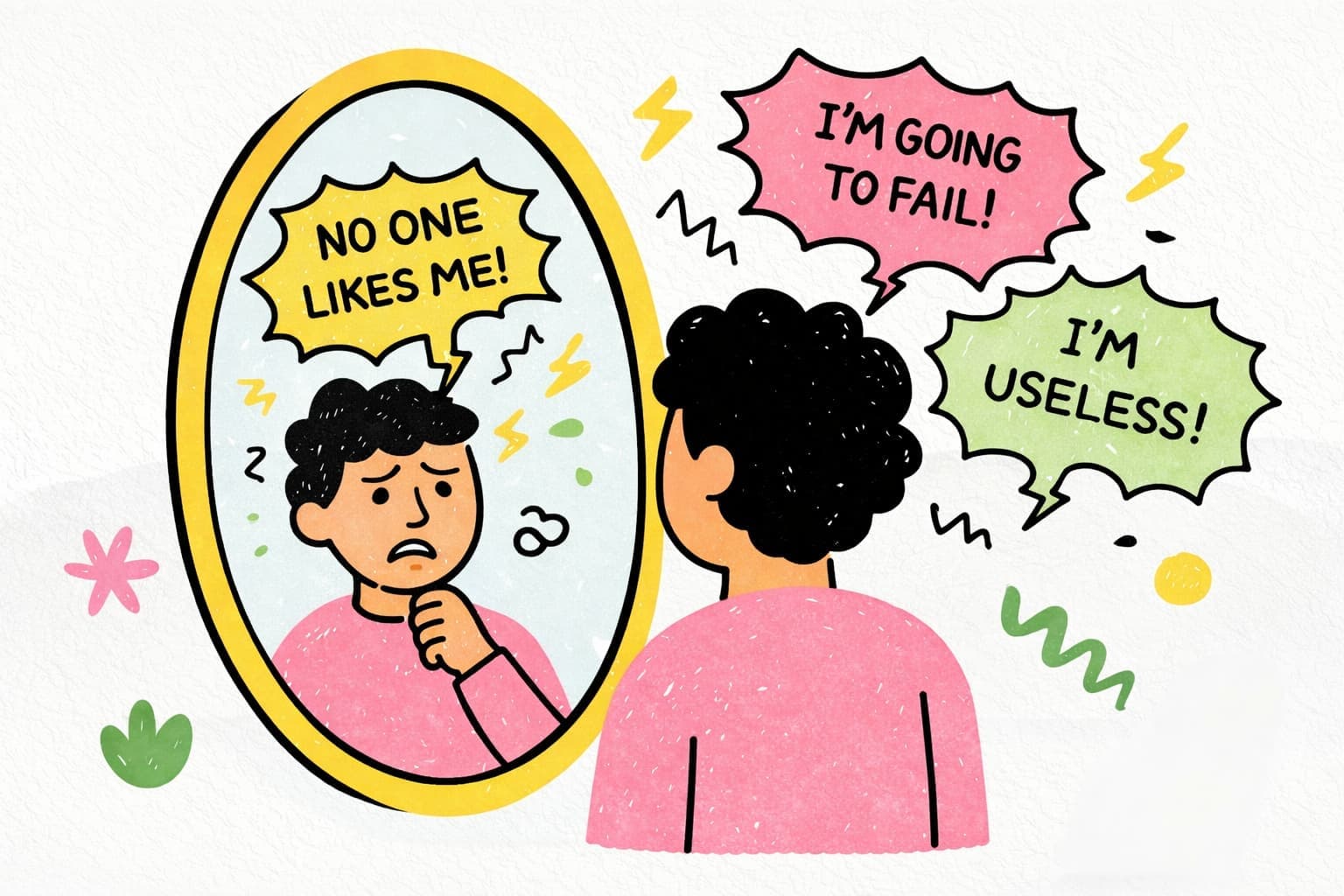 An illustration of a person reflecting on negative thoughts between therapy sessions