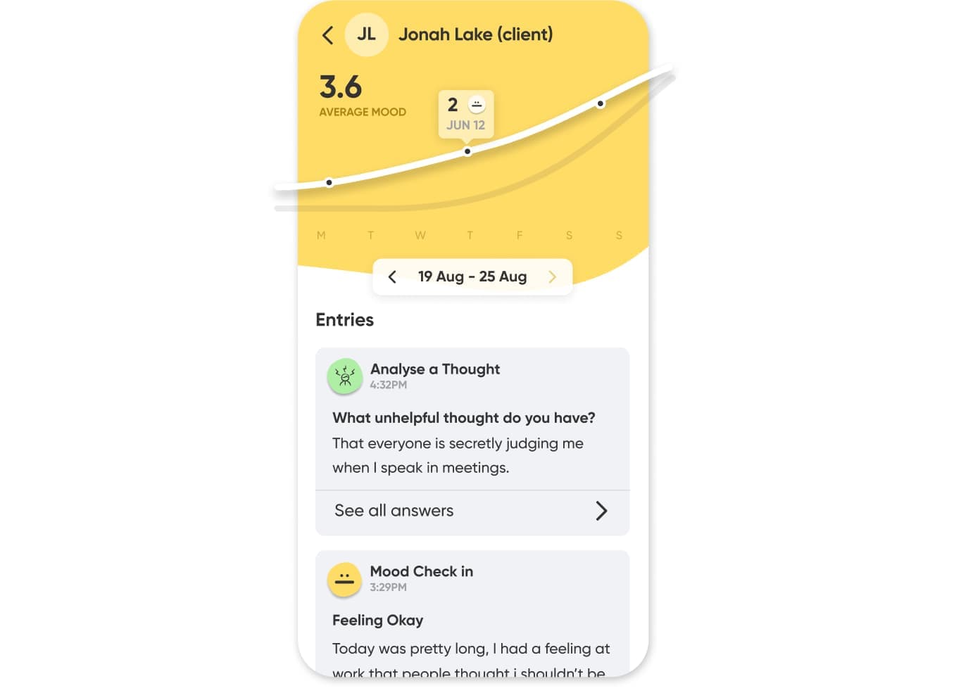 Image showing the client therapy tools feed and mood tracking